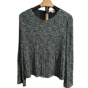 Cloudchaser Womens Blue Green Floral Plisse Pleated Long Sleeve Blouse Size M